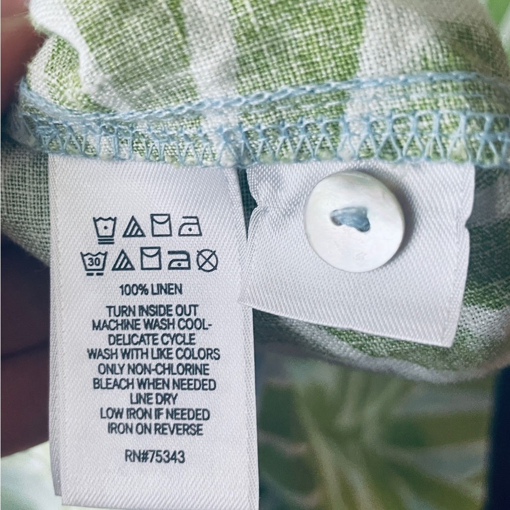 Sigrid Olsen 100% linen button shirt dress pockets short sleeve MED green blue - Picture 10 of 10